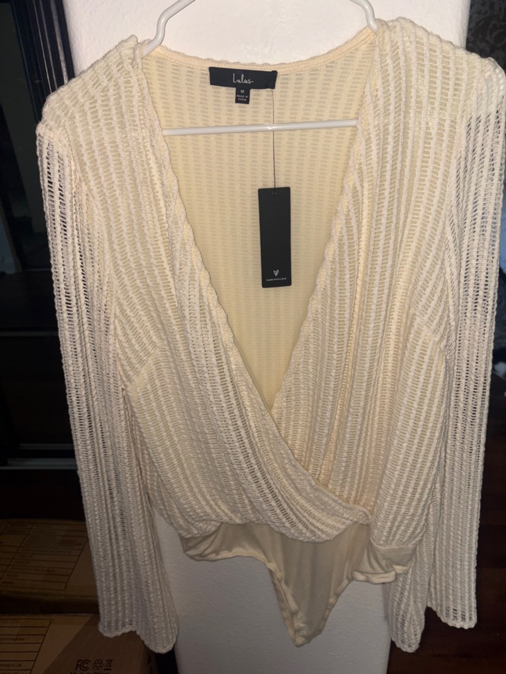 Lulu's Cream Open-Knit Wrap Bodysuit